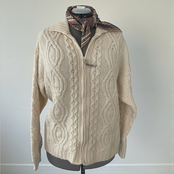 Aran Crafts Ireland Merino Wool Zip Cardigan Cable Knit Fisherman L - Picture 6 of 6
